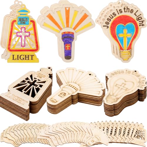 DoubleFill 24 Pcs Vbs 2026 Jesus is The Light Painting Crafts Illumination Themed Christian Sunday School Craft Color Your Own Religious Wood Bible Ornament for Classroom Church Activity Decor