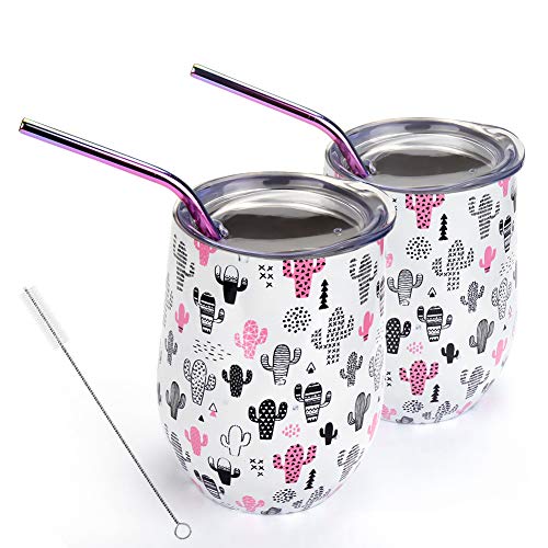 Insulated Wine Tumbler with Lid Straw,2 Pack 12oz Unbreakable Stainless Steel Stemless Wine Glasses,Dual Wall Vacuum Wine Mug Cup for Champagne,Cocktail,Coffee,Beer Office Birthday (Cactus)