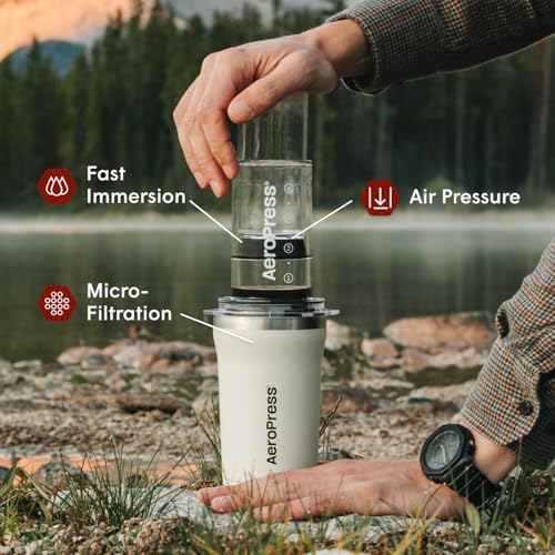 Image of AeroPress Go Plus, Small Portable Coffee Maker Kit, Travel, Camping & Office, All-in-One French Press, Pour-Over & Espresso Style Manual Brewer, 2 Min Brew for Less Bitterness, More Flavor, Cream
