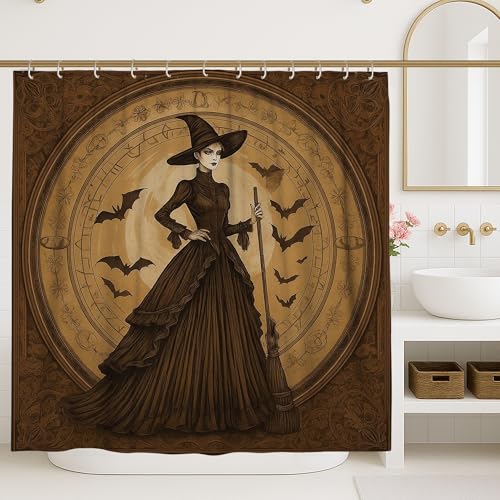 Hexen-Duschvorhang, Vintage-Braun, Halloween-Dekor, Herbst-Gothic-Stil, Badezimmer-Set, gruselige Landschaft, wasserdichter Stoff-Duschvorhang mit Haken, 157 x 183 cm