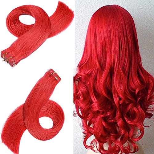Preisvergleich Produktbild Echthaarband in Extension Nahtloses Tape in Haarverlängerungen Echthaar #Red #Rot Remy Tape in Haarverlängerungen Echtes Echthaar Vollkopf Schwarz / Blond / Braun / Gestreift / Balayage / Ombre (20 Zoll 50Cm)