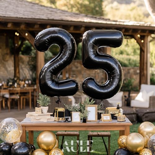 Image of AULE 40 Inch Large 25 Balloon Numbers Black, Big Foil Number Balloons, Giant Helium Happy 25th Birthday Party Decorations for Man and Women, Huge Mylar Anniversary Party Supplies
