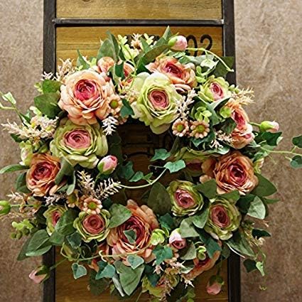 40cm Spring Front Door Wreaths Natural Looking Modern Decorative Artificial Silk Rose Flowers Garland for Home Kitchen Wedding Festive Indoor (Champagne and rose green)