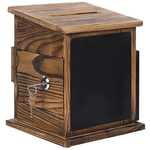 Mygift Wall Mounted Rustic Burnt Solid Wood Collection Box With Black Metal Card Holder, Feedback And Suggestion Box With Chalkboard Label And Lock #TOP1
