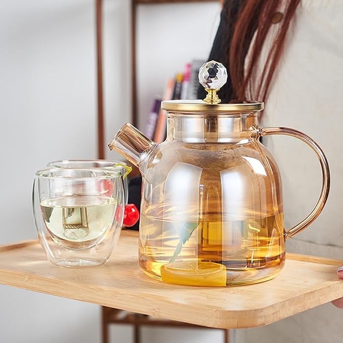 Image of Glass Jug with Lid Ice Tea Water Jug Hot Water Ice Tea Drinking Beverage Jug, Water Jug Glass Material with Wooden Lid, 1.8 Liter (Gold)