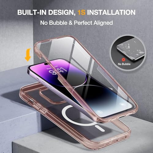 Image of Miracase Magnetic Designed for iPhone 14 Pro Max Case 6.7 inch (Compatible with MagSafe) Upgrade Full-Body Clear Phone Bumper Case with Built-in 9H Tempered Glass Screen Protector, Magnetic Clear Pink