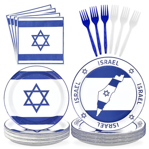 Greencian 96Pcs Israel Flag Party Supplies Israeli Flag Plates and Napkins Blue and White jewish Flags Tableware Set for Israeli Independence Day Jewish Patriotic Holiday Party Supplies，Serves 24
