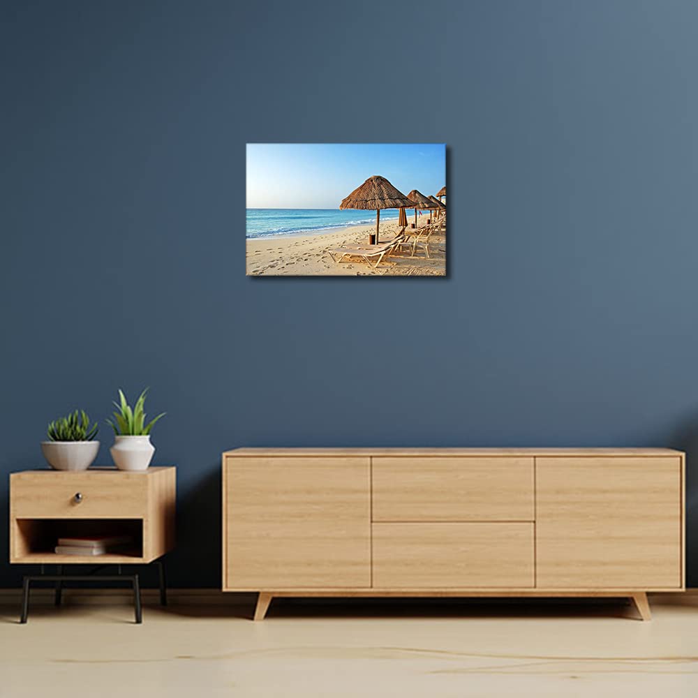 TISHIRON Canvas Prints Wall Art Beach Reclining Chair Landscape Sea Sandy Beach Pictures Stretched Canvas Wooden Framed for living Room Bedroom and Office 12x8inch - Image 2