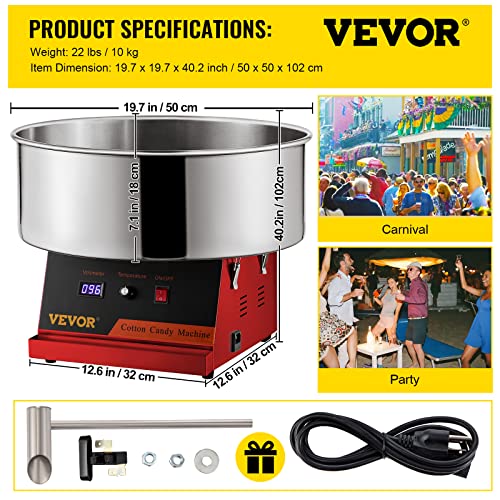 Vevor Electric Cotton Candy Machine, 19.7-Inch Cotton Candy Maker, 1050W Candy Floss Maker, Red Commercial Cotton Candy Machine With Stainless Steel Bowl And Sugar Scoop, Perfect For Family Party #TOP6