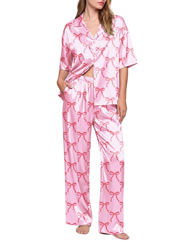 Image of Ekouaer Silk Satin Pajamas Set Women Short Sleeve Pj Sets Button Down Sleepwear 2 Piece Soft Loungewear S-XXL