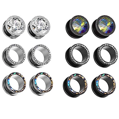 KUNIU 12PCS CZ Gems Ear Tunnels Plugs Gauges Seashell Floral Screws Stretcher Expander Set Piercing Jewelry 2g-3/4
