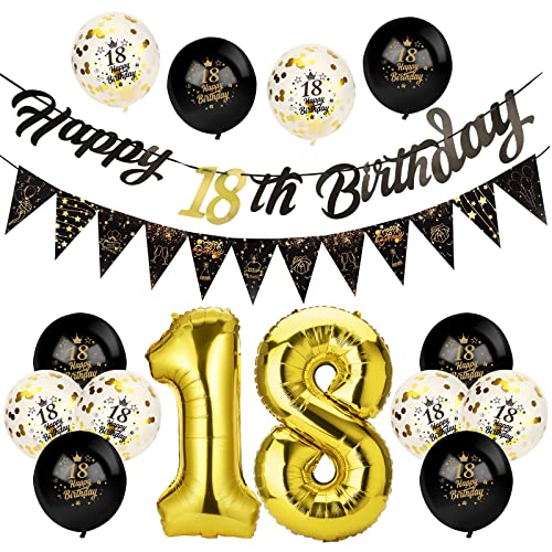Afirbeone 18th Birthday Decorations Set, Including Black Gold Happy 18th Birthday Banner, Triangle Flag Banner, Confetti Latex Balloons and Aluminum Foil Balloons, for Birthday Party Decoration