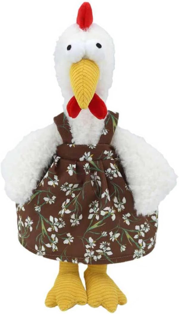 Plush White Chicken Stuffed Animal with Floral Brown Dress 11 Inch Soft Toy Doll for Kids and Adult Collectors Perfect for Decorating Rooms and Birthday Gifts