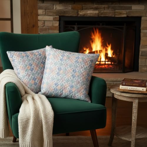 Image of STITCHNEST 'QuadraNest' Series Printed Quilted Velvet Cushion Cover 16x16 Inch Set of 2 | Premium Soft Fabric, Washable & Fade Resistant | Decorative Living Room Cushion Covers | Serene Pastel Check