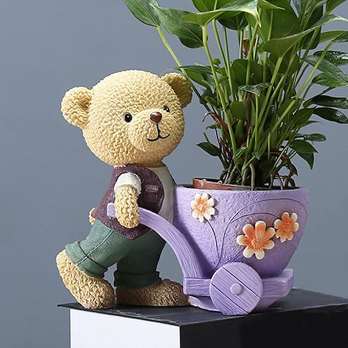 Image of Cute Bear Succulent Planter with Floral Cart - Resin Mini Pot for Desk, Home or Kids Room Decor - Decorative Animal Plant Holder | No Plants or Floral Included (Purple)
