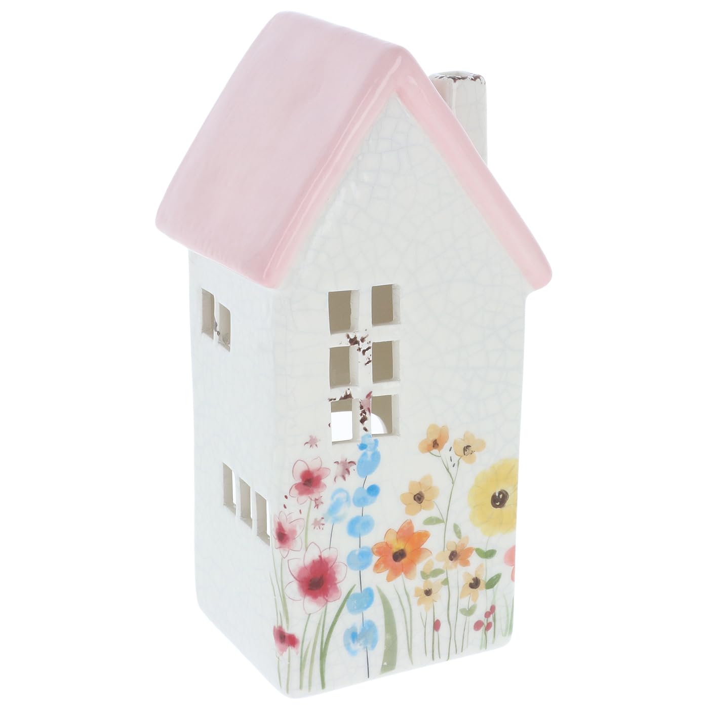 Shudehill Giftware Pink Meadow Garden House Pastel Coloured Tealight Holder Houses With Crackle Effect - Grey, Sage Roof With Floral Design (Pink)