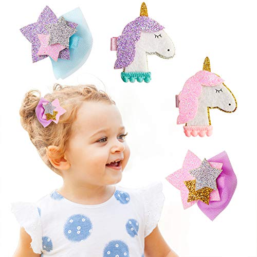 QtGilr 4pcs Cute Glitter Unicorn Hair Clips Stars Hairpins Cartoon Barrettes Headwear Fashion Gifts for Baby Girls