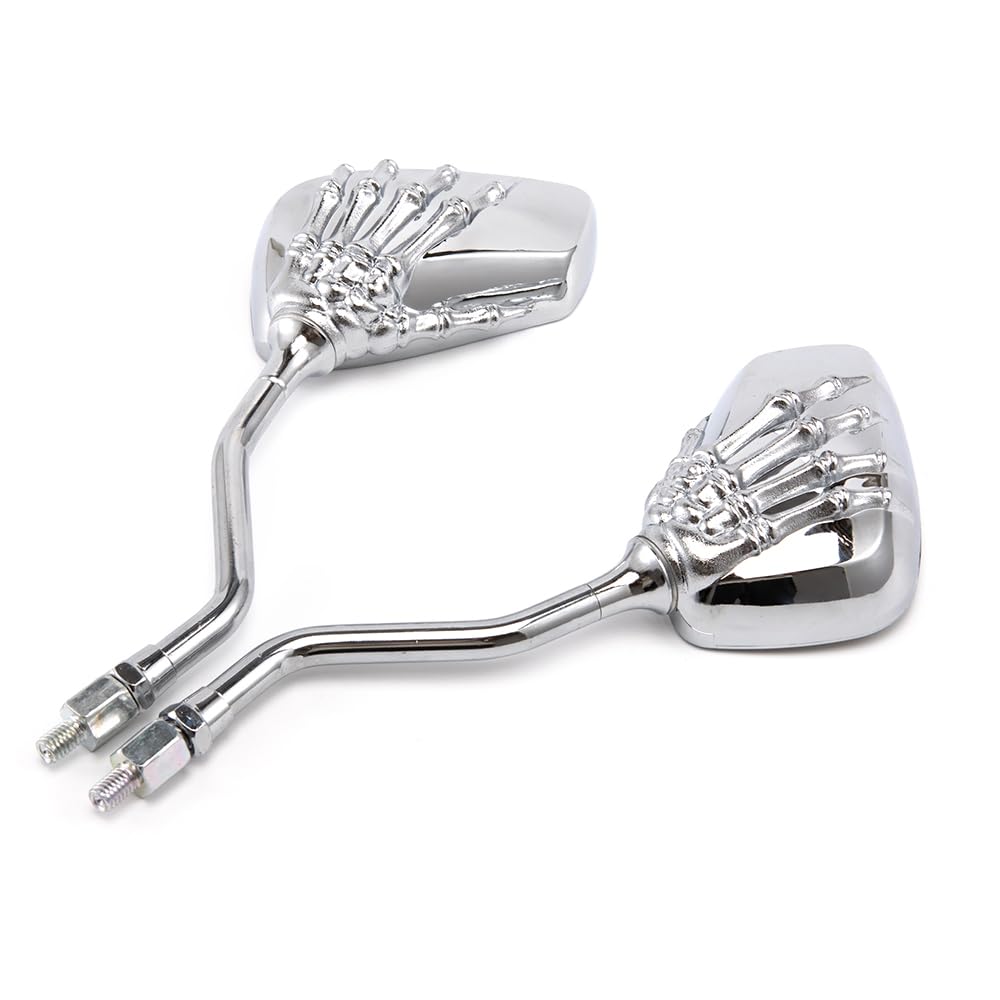 universel 8mm 10mm retroviseur moto chrome avec motif tête de mort et griffes retroviseur moto ompatible avec les motos sportives les choppers et les cruisers (Argent)