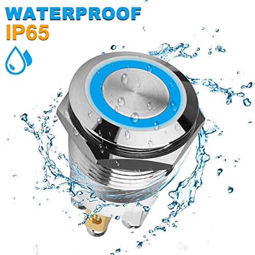 5Pcs 19Mm Momentary Push Button Switch With Blue Led Indicator Light, 12V Pushbutton Switch Waterproof Stainless Steel Metal Spst Momentary Switch For Car Marine Boat 12V 24V 110V 250V 5A #TOP4