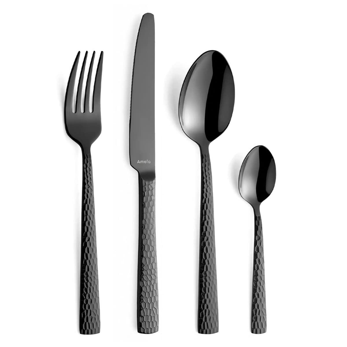Amefa Felicity Cutlery Set for 6 People, 24 Pieces, Stainless Steel, Hammered Handles, PVD Coated Knives, Forks, Spoons and Teaspoons - Black