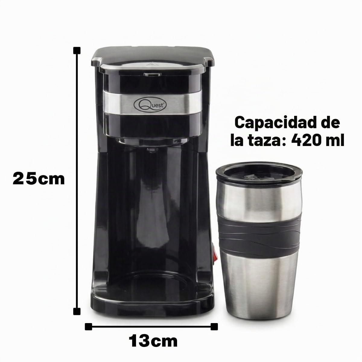 Quest 35189 - Cafetera de filtro portátil, capacidad de 420 ml, taza térmica de viaje incluida, funciona con café molido y cápsulas de café, espresso instantáneo y más