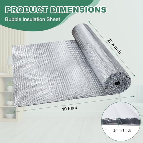 Reflective Bubble Insulation Sheet, Double Side Aluminum Foil Bubble Shield, Aluminum Foil Thermal Insulation Radiant Barrier for Windows, RV, Roof, Garage Door (23.6IN X 10FT)