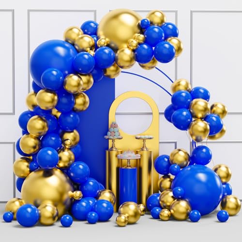 Image of YMSZ Royal Blue and Gold Balloons Garland Arch Kit, 134pcs Metallic Gold and Blue Balloons for Birthday, Baby Shower, Anniversary, Graduation Party Decorations