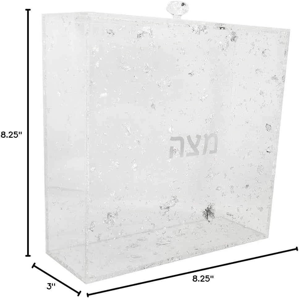 Judaica Place Lucite Square Matzah Box for Passover - Silver Colored Flakes Design Matzah Holder for Seder Table - Size 8 Inches