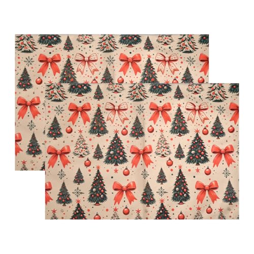 Image of Dining Table Mats Set of 2 - Christmas Tree Red Bow Theme,Digital Print, Washable, Indoor /Outdoor, Heat-Proof, Wipe & Clean (47X33 cm) Olive & Green