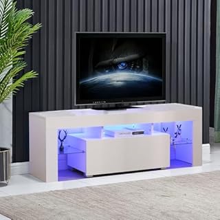Rainbow Tree 130cm High Gloss TV Stand Cabinet With LED Lights Up to 65in TV, Modern TV Unit with Shelves and Drawers Large Storage TV Cabinet for Living Room Bedroom White