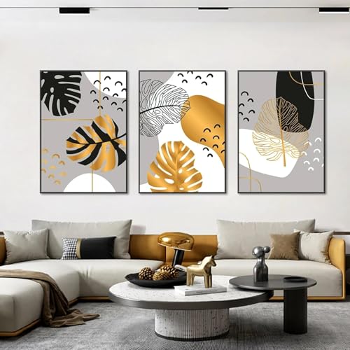 Peinture abstraite feuilles noires dorées affiche cadre salon moderne