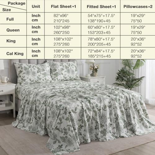 Image of Vintage Green Floral Percale Bed Sheets Queen Size, Deep Pocket