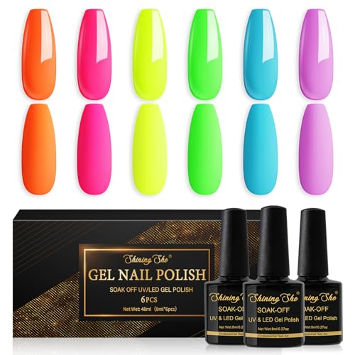 Shining She Gel Nail Polish Neon 6 Colours Orange Pink Yellow Green Blue Purple Neon Gel Polish Set Soak-Off UV/LED Lamp Nail Polish Gel Spring Summer for Women Nail Art Salon DIY at Home 8ML