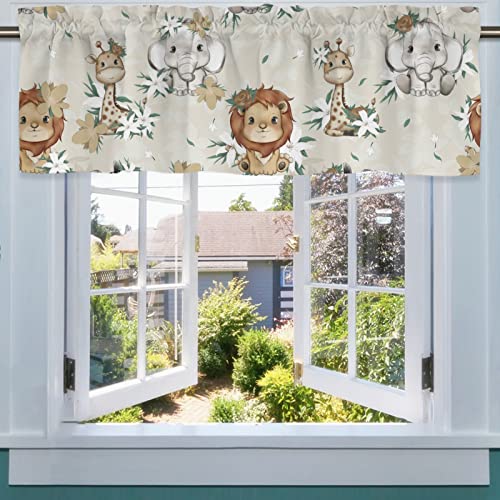 African Jungle Safari Animals Retro Flowers Kitchen Curtain Valances 54''X18'' Lion Giraffe Elephant Rod Pocket Window Treatment Decor Wild Animals Small Curtain Topper Cafe Nursery Bedroom 1 Pack #TOP1