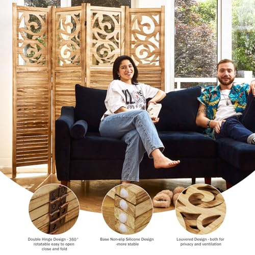 Svimi Room Divider Wood Carved Wall Divider Indoor Folding Portable Partition Screen for Home Office Garden Terrace - 4 Panel, 67 * 60inch (Wood)