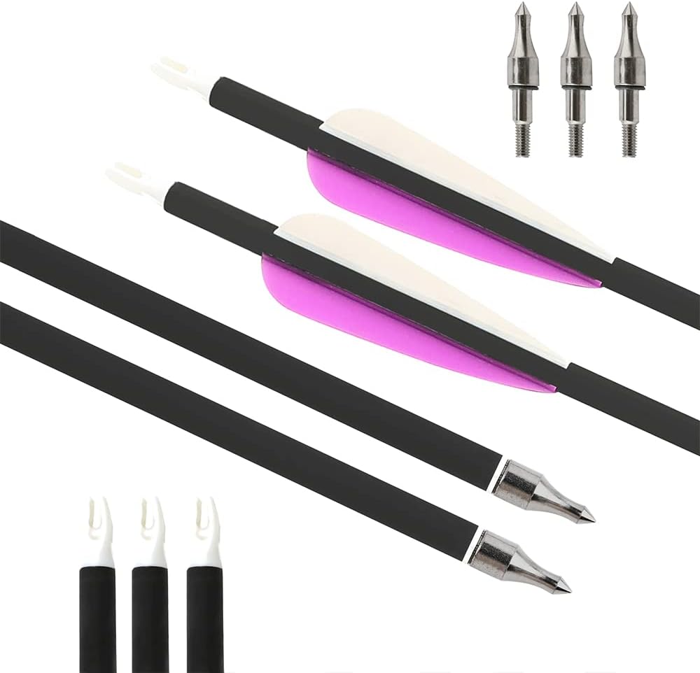 SHARROW Archery Carbon Arrows 30 Inch Hunting Arrows Target Practice Spine 500 with 3" Arrow Vanes Removable Tips Arrow Quiver for Recurve & Compound Bo