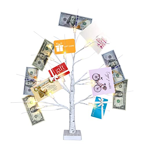 PHITRIC Geldbaum-Geschenkhalter, 61 cm, 60 cm, beleuchteter Birkenbaum mit LEDs, batteriebetriebener Timer-Display-Baum mit 12 transparenten Clips, für Weihnachten, Memo, Foto, Abschluss (weiß) Cover