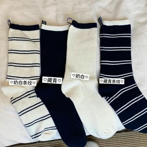 3 pairs - autumn and winter striped patchwork navy blue milk white college mid-tube stacking socks2