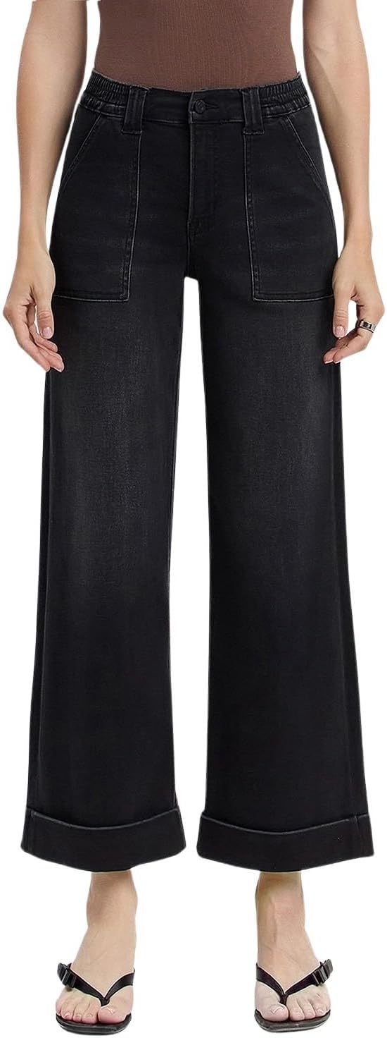 VERVET Women's Kris High-Rise Cuffed Cropped Baggy Wide Leg Jeans