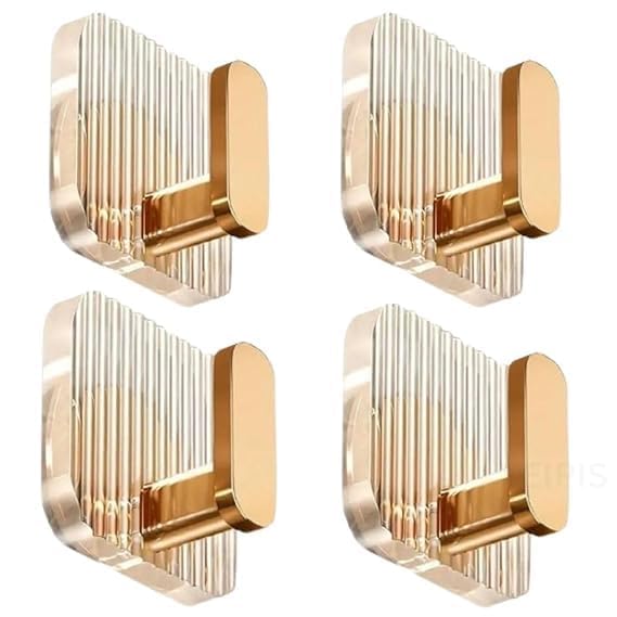 Image of Premium Transparent Wall Hooks with Gold Finish | No Drill Self Adhesive Wall Hooks for Hanging | Waterproof & Strong Hold Wall Hooks for Bathroom, Kitchen, Office & Bedroom Pack of 4