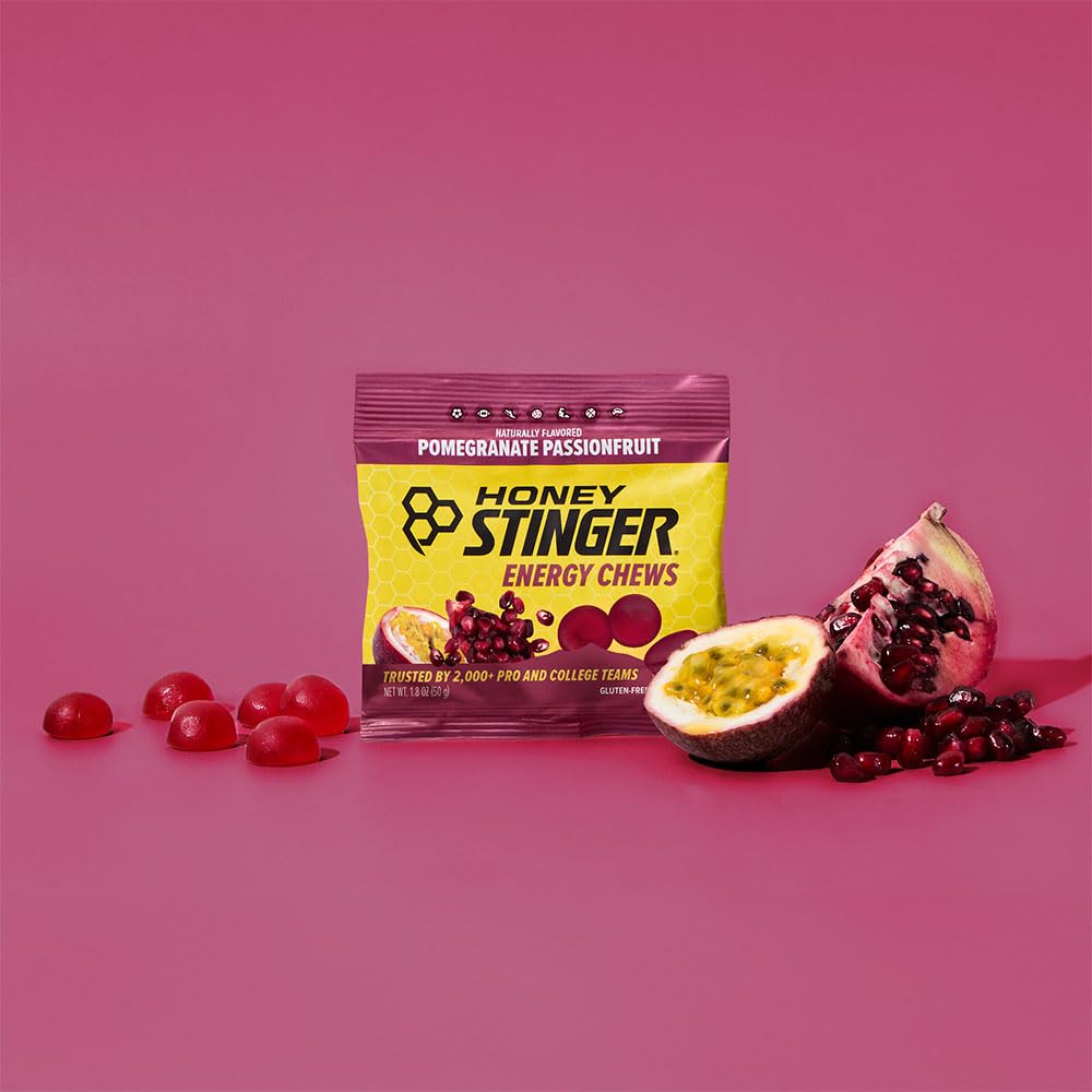 Honey Stinger Organic Pomegranate Passionfruit Energy Chew | Gluten Free & Caffeine Free | For Exercise, Running and Performance | Sports Nutrition for Home & Gym, Pre and Mid Workout | 12 Pack