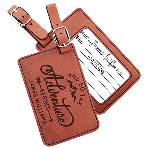 Personalized Leather Luggage Tags Gifts with Engraved Design and Name - Traveler Gifts for Women, Men, Kids - Custom Suitcase Tag for Honeymoon - Gifts for Travelers | Chestnut