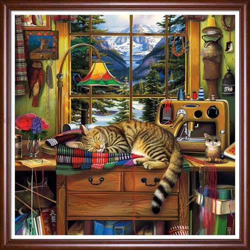 Image of DMCVIVR Stamped Cross Stitch Kits for Beginners Adults Needlepoint Kits for Beginners Embroidery Kits for Adults Crossstitch Kit for Beginners 11CT-Cat on Sewing Machine 18x18 inch