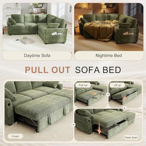 Image of Hanherry Sectional Couch with Pull Out Sofa Bed,Corduroy Sleeper Sofa with 2 Seat Storage & USB Charging,Comfy L Shaped Modular Couches for Living Room,Apartment