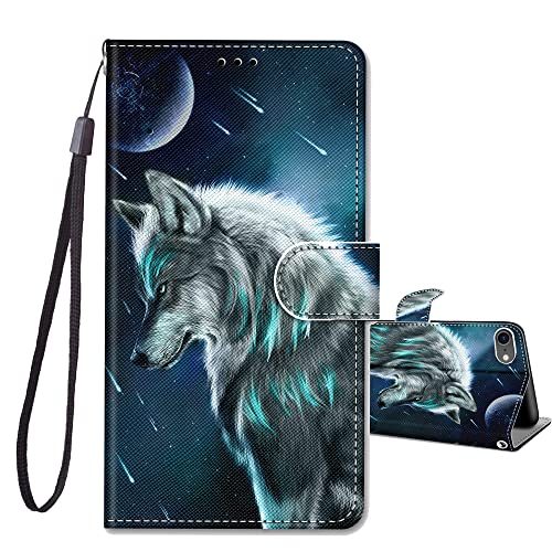 JRIANY for iPhone SE 2022 / iPhone SE 2020 / iPhone 7 / iPhone 8 Case, PU Leather Wallet Case with Pattern Cute Design Shockproof Cover Flip Case, Wolf B