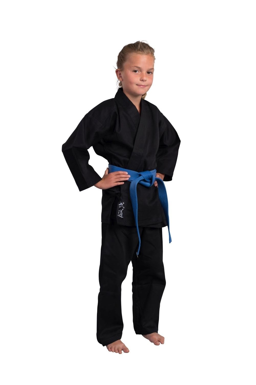 Kinder Karateanzug Kidoka II schwarz - Leichtes Kids Modell 8 oz Baumwolle - Karate Gi Set - Jacke Hose Gürtel - Einsteiger Anzug