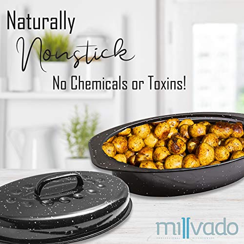 Millvado Roasting Pan With Lid, Turkey Roaster Pan, Extra Large 18 Lb Capacity, 18" Granite Oven Roaster Oval Shaped Speckled Enamel On Steel Cookware #TOP2