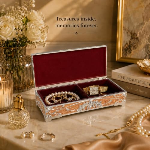 Image of Diviniti Silver Plated Peacock Decorative Storage Box with Lid | Multipurpose Keepsake, Jewelry & Trinket Box | Luxury Home Decor Gift for Dressing Table, Wedding & Corporate Gifting (Peach)