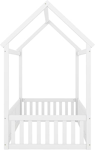 Miniatura 6 de MERITLINE Marco de cama individual para niños, cama Montessori de madera con diseño de valla y puerta, cama individual con rieles para niñas y niños