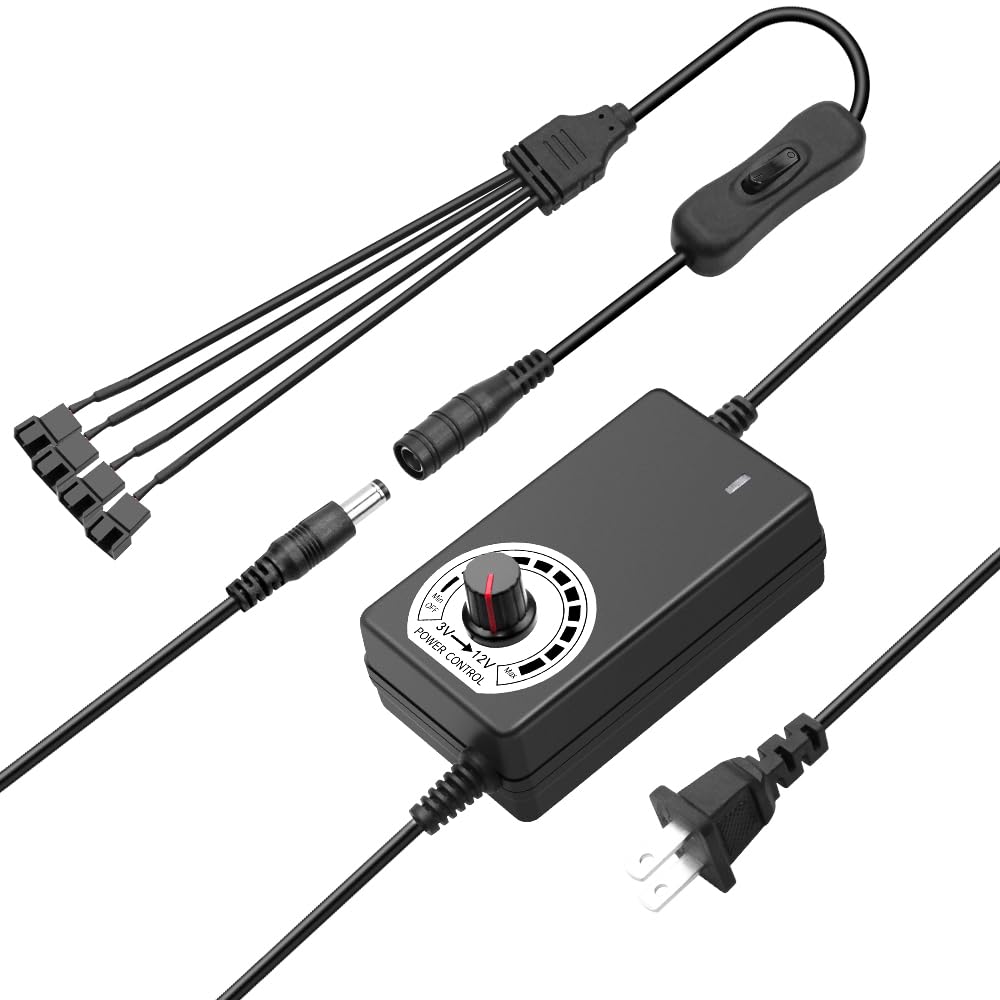 SHNITPWR 12v Fan Speed Controller 24W PC Fan Power Supply Adjustable 110V-240V AC to DC 3-12V PC Fan Adapter pwm Fan Controller with 4 Pin Fan Splitter Cable DC Female to 4 x 3/4 Pin